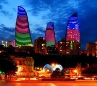 Пламенные башни в сумерках. Баку. Азербайджан. Flame towers at dusk. Baku. Azerbaijan.